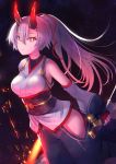  bare_shoulders breasts bright_pupils dark_background detached_sleeves dutch_angle fate/grand_order fate_(series) fire flaming_sword glowing glowing_eyes glowing_horns gradient_hair grey_hair groin hair_between_eyes highres hip_vent holding holding_sword holding_weapon japanese_clothes kimono long_hair long_sleeves looking_at_viewer medium_breasts multicolored_hair obi oni_horns pants parted_lips pink_hair red_eyes sash sheath shiba_nanasei solo sword tomoe_gozen_(fate/grand_order) very_long_hair weapon white_kimono yellow_pupils 