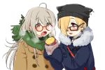  2girls :o a_ichi ahoge bag bangs beanie beige_coat bespectacled blonde_hair blue_coat blush breath buttons coat eating food fur-trimmed_hood fur_trim glasses green_scarf grey_hair hair_over_one_eye handbag hat holding holding_food hood hood_down hooded_coat hoshi_shouko idolmaster idolmaster_cinderella_girls lower_teeth multiple_girls nose_blush open_mouth red-framed_eyewear red_eyes red_handbag round_eyewear scarf shirasaka_koume simple_background skull_necklace sleeves_past_fingers sleeves_past_wrists sweet_potato very_long_sleeves white_background winter_clothes yakiimo 