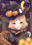  abigail_williams_(fate/grand_order) absurdres bangs black_jacket blonde_hair blue_eyes commentary crossed_bandaids english_commentary eyebrows_visible_through_hair fate/grand_order fate_(series) glowing hair_bun halloween hat head_tilt heart heroic_spirit_traveling_outfit highres jack-o'-lantern jacket long_hair long_sleeves looking_at_viewer medjed open_mouth parted_bangs silk sleeves_past_fingers sleeves_past_wrists solo spider_web star upper_body wavy_mouth witch_hat yingxiong_abubu 