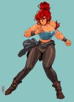  90s alternate_hairstyle ankle_boots aqua_background armband boots breasts cleavage clenched_hands clothes_around_waist colorized commentary dark_skin david_liu english_commentary full_body highres large_breasts long_hair maria_(space_maria) medium_breasts midriff muscle muscular_female pants red_eyes scar solo space_maria spaghetti_strap sweater_around_waist updo 