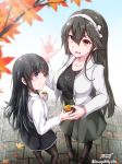  alternate_costume asashio_(kantai_collection) autumn_leaves baileys_(tranquillity650) black_hair black_legwear blouse blue_eyes blush boots breasts brown_eyes commentary day dress eating food food_on_face hair_ornament hairband hairclip hand_up haruna_(kantai_collection) height_difference highres holding holding_food jacket jewelry kantai_collection large_breasts long_hair long_sleeves looking_at_viewer multiple_girls necklace open_clothes open_jacket open_mouth outdoors pantyhose pinafore_dress remodel_(kantai_collection) school_uniform shirt signature skirt smile sweet_potato thighhighs white_shirt 
