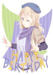  ;) aoyama_blue_mountain beret blonde_hair blue_eyes commentary gochuumon_wa_usagi_desu_ka? happy_birthday hat hetareeji highres jacket long_hair long_sleeves one_eye_closed open_clothes open_jacket outline scarf short_over_long_sleeves short_sleeves smile solo upper_body white_outline 