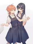  ahoge belt black_hair dress hand_on_another's_hip holding_hands huanxiang_heitu koito_yuu long_hair multiple_girls nanami_touko orange_hair pantyhose papers pinafore_dress red_ribbon ribbon school_uniform serafuku short_sleeves skirt white_background yagate_kimi_ni_naru yellow_ribbon yuri 