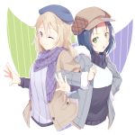  ;) aoyama_blue_mountain bad_id bad_pixiv_id beret blonde_hair blue_eyes blue_hair fur-trimmed_jacket fur_trim gochuumon_wa_usagi_desu_ka? green_eyes hand_on_hip hat hetareeji highres jacket locked_arms long_hair long_sleeves mate_rin multiple_girls one_eye_closed open_clothes open_jacket open_mouth outline scarf short_hair short_over_long_sleeves short_sleeves smile upper_body v-shaped_eyebrows white_outline 