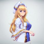  artist_name bangs blonde_hair blue_eyes blush breasts closed_mouth commentary_request dress goblin_slayer! grey_background hat juliet_sleeves long_hair long_sleeves looking_at_viewer medium_breasts nudtawut_thongmai patreon_logo patreon_username priestess_(goblin_slayer!) puffy_sleeves shiny shiny_hair smile solo straight_hair tabard upper_body very_long_hair watermark web_address white_dress white_hat wide_sleeves 