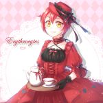  ae-3803 argyle argyle_background black_gloves bow catbell413 character_name choker collarbone dress gloves hair_between_eyes hat hat_ribbon hataraku_saibou lolita_fashion red_bow red_dress red_hair red_hat ribbon shiny shiny_hair short_hair smile solo yellow_eyes 