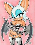  anthro bat bhawk big_breasts biting_lip breasts cleavage clothed clothing corset dominatrix female garter green_eyes leather_gloves leather_panties leather_stockings lingerie looking_at_viewer mammal pink_background rouge_the_bat simple_background solo sonic_(series) whip 