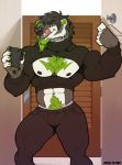  2018 5_fingers abs anthro badger biceps black_hair black_nose body_hair bulge cellphone chest_hair cleavage_cutout clothing dressing_room_(disambiguation) ear_piercing facial_hair goatee green_eyes green_hair hair keyhole_turtleneck kihu male mammal midriff muscular muscular_male mustelid navel nipples pants pecs phone piercing pubes selfie solo sweater tight_clothing tongue tongue_out 