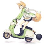  animal_ear_fluff animal_ears animal_hood belt blonde_hair blue_eyes boots bunny_hood commentary_request fang fox_ears fox_tail full_body ground_vehicle hood hood_down hoodie kuroino_(poco) looking_at_viewer motor_vehicle original poco_(asahi_age) scooter shiratama_kitsune short_hair simple_background skirt solo tail wheelie 