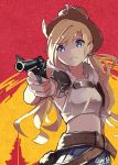  absurdres bangs belt blonde_hair blue_eyes colt_m1873_(girls_frontline) commentary cowboy_hat denim denim_skirt eyebrows_visible_through_hair girls_frontline gun handgun hat highres holding holding_gun holding_weapon long_hair midriff parody pointing pointing_at_viewer red_dead_redemption revolver skirt solo tegar32 weapon 