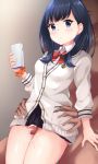  1boy 1girl age_difference between_legs between_thighs blush breasts cardigan censored clothed_female_nude_male cum grinding hetero looking_at_viewer maccha nude phone school_uniform scrunchie skirt solo_focus ssss.gridman takarada_rikka thigh_sex thighs torso_grab 