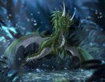  2018 ambiguous_gender blue_eyes detailed_background digital_media_(artwork) dragon feral green_scales horn scales scalie solo spines telleryspyro western_dragon 