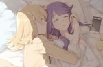  alternate_hairstyle bed bed_sheet blanket blonde_hair cellphone closed_eyes commentary_request daiba_nana green_eyes hair_down hoshimi_junna light_smile long_hair looking_at_another lying multiple_girls no_eyewear on_back on_side phone pillow purple_hair sakuraba_yuuki short_hair shoujo_kageki_revue_starlight sleeping sleepwear smartphone yuri 