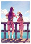  akagi_shun arm_support barefoot brown_hair cloud day food from_behind hand_on_hip holding horizon japanese_clothes leaning_forward long_hair looking_afar low-tied_long_hair multiple_girls ocean ogino_chihiro outdoors plate ponytail railing rin_(sen_to_chihiro_no_kamikakushi) sen_to_chihiro_no_kamikakushi shadow signature sky studio_ghibli sunlight tasuki tiptoes very_long_hair wooden_floor 