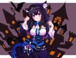  animal_ears animal_hood bangs bat black_hair blue_dress blue_eyes blue_ribbon blush bow breasts capelet cat_ears cat_tail commentary_request corset cross-laced_clothes diadem dress hair_between_eyes halloween highres hood idolmaster idolmaster_cinderella_girls large_breasts long_hair parted_lips paw_pose ribbon sagisawa_fumika sekia998 solo spider_web_print tail underbust 