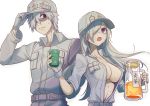  1girl adjusting_headwear baseball_cap breasts cleavage collared_shirt cowboy_shot cup fingerless_gloves gloves grey_shirt hair_over_one_eye hat hataraku_saibou hataraku_saibou_black long_hair long_sleeves looking_at_another medium_breasts midriff name_tag no_bra open_clothes open_mouth open_shirt pants pitcher purple_eyes shirt short_hair silversirius simple_background spiked_hair sweat teacup u-1146 u-1196 white_background white_blood_cell_(hataraku_saibou) white_gloves white_hair white_hat 