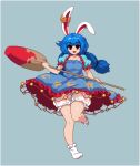  :d ambiguous_red_liquid animal_ears bangs bloomers blue_dress blue_hair braid bunny_ears commentary_request crescent_print dress ear_clip eyebrows_visible_through_hair frilled_dress frills full_body grey_background holding kine leg_up long_hair looking_at_viewer lowres mallet no_shoes open_mouth pixel_art puffy_short_sleeves puffy_sleeves red_eyes seiran_(touhou) short_sleeves simple_background smile socks solo standing standing_on_one_leg star star_print takorin touhou twin_braids underwear white_bloomers white_legwear 