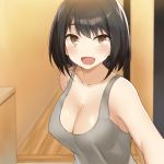  :d bangs black_hair blush breasts brown_eyes cccpo cleavage collarbone commentary covered_nipples doorway eyebrows_visible_through_hair indoors large_breasts looking_at_viewer no_bra open_mouth original short_hair smile solo tank_top 