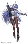  ammunition ass_visible_through_thighs assault_rifle belt black_legwear blue_hair bullpup closed_mouth eyebrows full_body girls_frontline gun hair_between_eyes head_tilt headgear highleg highleg_leotard holding holding_gun holding_weapon imi_tavor_tar-21 impossible_clothes impossible_leotard kishiyo leotard leotard_under_clothes logo long_hair looking_at_viewer magazine_(weapon) magazine_ejection necktie official_art orange_eyes pantyhose rifle simple_background smile solo standing standing_on_one_leg strap tar-21_(girls_frontline) trigger_discipline very_long_hair weapon white_background white_leotard 