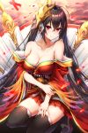  absurdres ahoge aircraft airplane azur_lane bangs bare_shoulders black_hair black_legwear blush breasts cleavage closed_mouth collarbone commentary_request crossed_bangs eyebrows_visible_through_hair feathers fire hair_between_eyes hair_ribbon hand_on_own_arm hand_on_own_thigh highres huge_breasts japanese_clothes kimono kneeling long_hair mask mask_on_head obi off_shoulder petals red_eyes red_kimono red_ribbon ribbon rigging rudder_shoes sash sidelocks skindentation smile solo striped striped_ribbon taihou_(azur_lane) thighhighs thighs toki_(toki_ship8) twintails very_long_hair wide_sleeves 