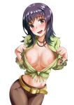  1girl areolae artist_request belt blush breasts brown_eyes cleavage itsuwa large_breasts looking_at_viewer midriff navel nipples open_mouth pants purple_hair smile solo to_aru_majutsu_no_index 