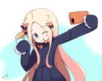  ;q abigail_williams_(fate/grand_order) arm_up bangs black_bow black_dress blonde_hair blue_eyes blush bow cellphone closed_mouth commentary_request dress eyebrows_visible_through_hair fate/grand_order fate_(series) food forehead fork hair_bow head_tilt holding holding_cellphone holding_fork holding_phone kujou_karasuma long_hair long_sleeves no_hat no_headwear one_eye_closed orange_bow outstretched_arm pancake parted_bangs phone self_shot signature sleeves_past_fingers sleeves_past_wrists smile solo tongue tongue_out upper_body very_long_hair 