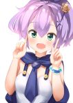  :d ame. azur_lane bangs blush breasts camisole commentary_request crown eyebrows_visible_through_hair green_eyes hair_between_eyes hair_ornament hair_ribbon hands_up high_ponytail highres index_finger_raised javelin_(azur_lane) leaning_to_the_side looking_at_viewer mini_crown open_mouth ponytail purple_hair purple_ribbon ribbon short_hair simple_background small_breasts smile solo tilted_headwear upper_body white_background white_camisole 