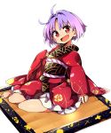  :d ahoge baba_(baba_seimaijo) barefoot commentary_request full_body highres japanese_clothes kimono long_sleeves looking_at_viewer obi open_mouth purple_hair red_eyes sash short_hair sitting smile solo sukuna_shinmyoumaru touhou transparent_background wide_sleeves yokozuwari 
