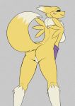  2018 anthro big_breasts blue_eyes breasts butt canine clothing digimon female fur gloves hexteknik_(artist) hi_res looking_back mammal presenting presenting_hindquarters rear_view renamon simple_background smile solo teal_eyes yellow_fur 