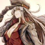  black_gloves breasts closed_mouth commentary_request eyebrows_visible_through_hair facial_scar gangut_(kantai_collection) gloves grey_hair hair_between_eyes hair_ornament hairclip hat jacket kantai_collection large_breasts long_hair military military_hat military_jacket military_uniform nona_(goodboy) peaked_cap red_eyes red_shirt scar scar_on_cheek shirt simple_background smile solo uniform white_background white_jacket 