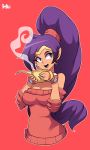  alternate_costume bad_id bad_tumblr_id bare_shoulders bigdead93 bracelet breasts cleavage cropped_torso dark_skin drinking earrings hands_up highres holding hoop_earrings jewelry large_breasts long_hair off-shoulder_sweater oil_lamp open_mouth outline pointy_ears ponytail purple_eyes purple_hair red red_background shantae_(character) shantae_(series) simple_background smile solo steam sweater tiara toon upper_body very_long_hair white_outline 