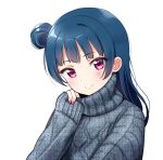  adjusting_collar bangs blue_hair blue_sweater blush clenched_hand deadnooodles highres long_hair long_sleeves looking_at_viewer love_live! love_live!_sunshine!! nail_polish purple_eyes purple_nails side_bun simple_background sleeves_past_wrists smile solo sweater tsushima_yoshiko turtleneck turtleneck_sweater upper_body white_background 