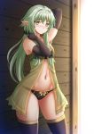  arm_up babydoll bangs bare_shoulders black_bra black_gloves black_legwear black_panties black_ribbon blurry blurry_background blush bow bow_panties bra breasts closed_mouth collarbone commentary depth_of_field elbow_gloves elf eyebrows_visible_through_hair gloves goblin_slayer! green_babydoll green_eyes green_hair hair_between_eyes hair_ribbon hand_up head_tilt high_elf_archer_(goblin_slayer!) highres kazenokaze long_hair looking_at_viewer navel nose_blush panties pointy_ears ribbon see-through sidelocks small_breasts solo standing sweat thighhighs underwear very_long_hair 