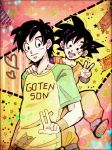  :d age_difference black_eyes black_hair character_name clothes_writing dougi dragon_ball dragon_ball_z dual_persona green_shirt hand_on_another's_shoulder happy heart jumping long_sleeves looking_at_viewer looking_away male_focus multicolored multicolored_background multiple_boys negi_(neginegiko) open_mouth pink_background shirt short_hair short_sleeves smile son_goten spiked_hair standing star starry_background teeth time_paradox upper_body v wristband yellow_background yellow_sleeves 