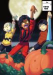  afro bald black_hair blanket blurry blurry_foreground bone charlie_brown commentary crossover dancing dark_skin dark_skinned_male depth_of_field english english_commentary fangs full_moon glowing glowing_eyes halloween highres jacket leather leather_jacket leather_pants linus_van_pelt male_focus michael_jackson monster_boy moon multiple_boys no_pupils open_mouth pants peanuts pumpkin real_life red_jacket red_leather red_pants shirt shorts sleeves_pushed_up t-shirt thriller toon torn_clothes tovio_rogers very_dark_skin yellow_eyes yellow_sclera zombie 