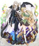  1girl alucard_(castlevania) belt bird black_gloves blonde_hair blue_eyes boots cape castlevania castlevania:_symphony_of_the_night commentary_request dove expressionless flower gloves hair_ribbon long_hair looking_at_viewer low-tied_long_hair maria_renard miniskirt pale_skin ribbon silver_hair skirt smile standing sunasu-tamako sword very_long_hair weapon yellow_eyes 
