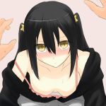  1boy 1girl black_hair blush breasts brown_eyes dilated_pupils downblouse eyebrows_visible_through_hair eyes_visible_through_hair ko_hakki long_hair looking_at_viewer medium_breasts no_bra off_shoulder original pink_background simple_background solo_focus strap_slip sweatdrop twintails 