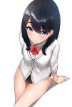  bangs black_hair black_skirt blue_eyes bow bowtie breasts buttons cardigan closed_mouth commentary_request eyebrows_visible_through_hair highres hips long_hair long_sleeves looking_at_viewer miniskirt nnoelllll pleated_skirt red_bow red_neckwear school_uniform simple_background sitting skirt solo ssss.gridman sweater swept_bangs takarada_rikka thighs white_background white_sweater 