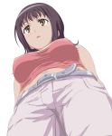  1girl artist_request bare_shoulders blush breasts brown_eyes erect_nipples from_below itsuwa medium_breasts midriff navel open_mouth purple_hair solo to_aru_majutsu_no_index 