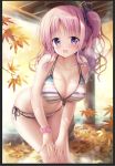  :d autumn_leaves bangs bare_shoulders bikini black_border blush border breasts cleavage collarbone eyebrows_visible_through_hair hair_ribbon hands_on_legs large_breasts leaf leaning_forward long_hair looking_at_viewer maple_leaf md5_mismatch one_side_up open_mouth original pink_hair pink_ribbon purple_eyes ribbon side-tie_bikini smile solo sousouman standing striped striped_bikini swimsuit wet 