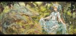  animal_ears blue_eyes blurry bow brown_hair bubble commentary dragon dress dress_lift fantasy food forest fox_ears frilled_dress frills fruit garters grapes grass hat highres jean_popo letterboxed long_hair nature original outdoors scenery solo tree water wrist_cuffs 