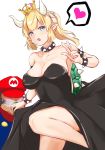  1girl absurdres armlet bare_shoulders black_dress blonde_hair blue_earrings bowsette bracelet breasts cleavage collar collarbone crown dress earrings facial_hair hat heart highres horns jewelry large_breasts legs looking_at_viewer mario mario_(series) mustache new_super_mario_bros._u_deluxe open_mouth pointy_ears ponytail red_hat short_hair simple_background spiked_armlet spiked_bracelet spiked_collar spikes spoken_heart super_crown v white_background yeyebirdie 