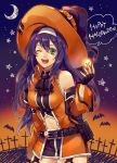  akke belt black_gloves blue_hair commentary_request detached_sleeves fingerless_gloves fire_emblem fire_emblem:_souen_no_kiseki fire_emblem_heroes gloves green_eyes halloween_costume happy_halloween hat headband long_hair navel navel_cutout one_eye_closed open_mouth solo wayu_(fire_emblem) white_headband witch_hat 