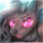  2018 5_fingers anthro black_claws black_eyebrows black_fur black_hair black_nose canine claws digital_media_(artwork) dog eyebrows eyewear female fenush front_view fur hair headshot_portrait hi_res icon long_hair looking_at_viewer mammal open_mouth pink_eyes portrait signature solo sunglasses 