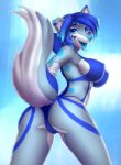  2018 anthro bikini biped blue_eyes blue_fur blue_hair blue_nose blue_tail blue_tongue breasts butt butt_pose camel_toe canine clothed clothing digital_media_(artwork) dog ear_piercing eyebrows facial_piercing female fur grey_fur grey_tail hair hi_res husky lip_piercing lip_ring long_hair long_tail mammal multicolored_fur multicolored_tail nose_piercing nyumi open_mouth piercing portrait rear_view shumey smile solo standing swimsuit three-quarter_portrait tongue tongue_out tongue_piercing white_fur white_tail 