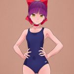  akagi_(fmttps) artist_name bangs blue_swimsuit bow brown_background cat_girl choker collarbone competition_swimsuit cowboy_shot eyebrows_visible_through_hair fingernails gegege_no_kitarou hair_bow hands_on_hips light_frown lips logo looking_at_viewer nekomusume nekomusume_(gegege_no_kitarou_6) one-piece_swimsuit pointy_ears purple_hair red_bow red_choker sharp_fingernails short_sleeves solo speedo_(company) standing swimsuit twitter_username yellow_eyes 