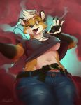  2018 5_fingers anthro blonde_hair breasts canine clothed clothing digital_media_(artwork) female fox hair kalahari mammal open_mouth solo teeth tongue under_boob 