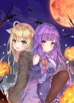  :3 :d ahoge animal animal_ears bangs bare_shoulders bat black_legwear blonde_hair blue_bow blue_eyes blunt_bangs blush bow branch breasts building closed_mouth cloud collared_dress cross-laced_clothes dress eyebrows_visible_through_hair falling_leaves frilled_dress frills hair_bow halloween heterochromia highres hood jack-o'-lantern knee_up leaf long_hair long_sleeves looking_at_viewer looking_back mishuo_(misuo69421) moon multiple_girls night night_sky off_shoulder open_mouth original outdoors pantyhose pumpkin purple_dress purple_hair red_bow red_eyes red_moon robe side-by-side silhouette sitting sky sleeves_past_fingers sleeves_past_wrists small_breasts smile wide_sleeves 