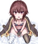  bandaged_leg bandages bed_sheet between_legs black_bra black_gloves black_legwear black_panties blush boots bra breasts brown_hair cape choker fingerless_gloves gloves hand_between_legs hands_together highres interlocked_fingers kono_subarashii_sekai_ni_shukufuku_wo! kukkumann looking_at_viewer megumin nipple_cutout nipples no_hat no_headwear open_mouth panties red_eyes short_hair single_thighhigh sitting small_breasts solo thighhighs underwear wariza 