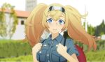  absurdres blonde_hair blue_eyes blue_shirt blurry blurry_background breast_pocket building buttons closed_mouth collared_shirt commentary enemy_lifebuoy_(kantai_collection) gambier_bay_(kantai_collection) hair_between_eyes hairband hannah_steller highres kantai_collection lolipaedq looking_at_viewer multicolored multicolored_clothes multicolored_hairband parody pocket shirt short_sleeves solo tree twintails 